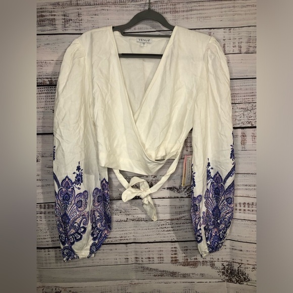 VENUS multicolored 3/4 sleeve wrap blouse with tie front - Picture 4 of 14